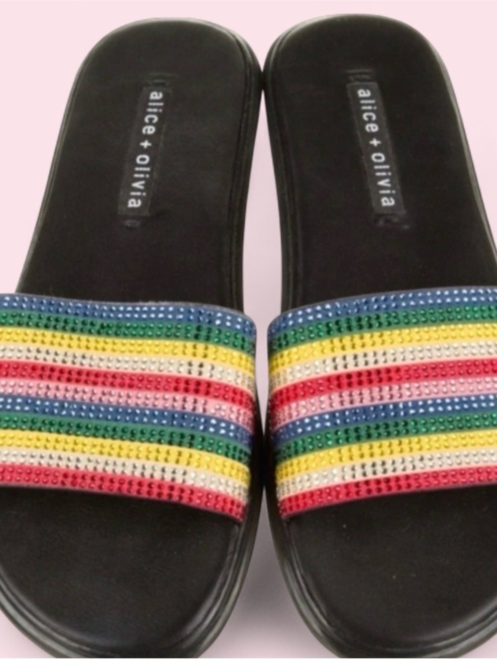 alice + olivia Black Slide Sandals with Multicolor Striped Strap